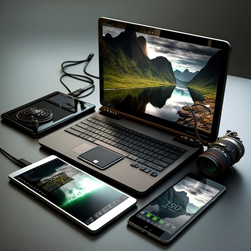 Auf dem Bild sind ein Telefon, ein Tablet, ein Laptop und verschiedene andere Technologieprodukte zu sehen.